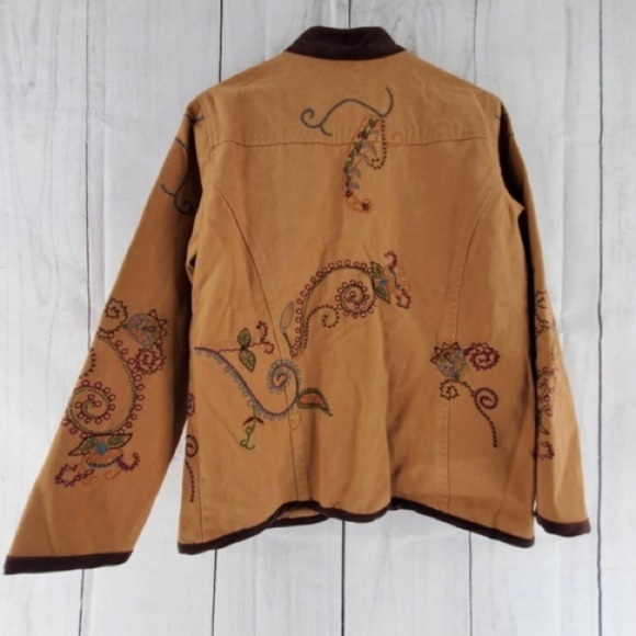 DENIM & CO. 1980s Vintage Embroidered Denim Jacket Coat - Brown - Picture 5 of 17